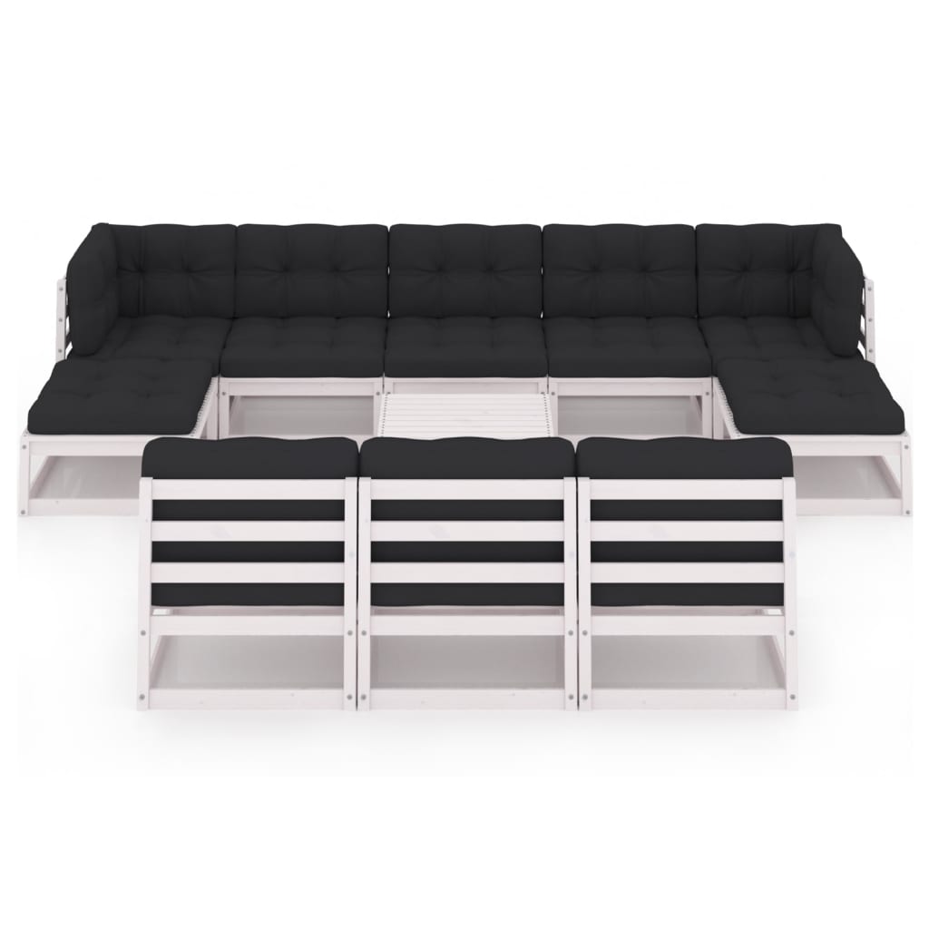 11-tlg. Garten-Lounge-Set mit Kissen Weiss Kiefer Massivholz